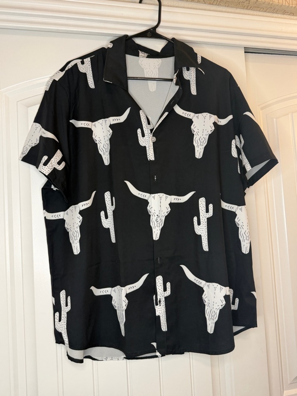 Men's Black Short-Sleeve Button Shirt with White Western Skull Print